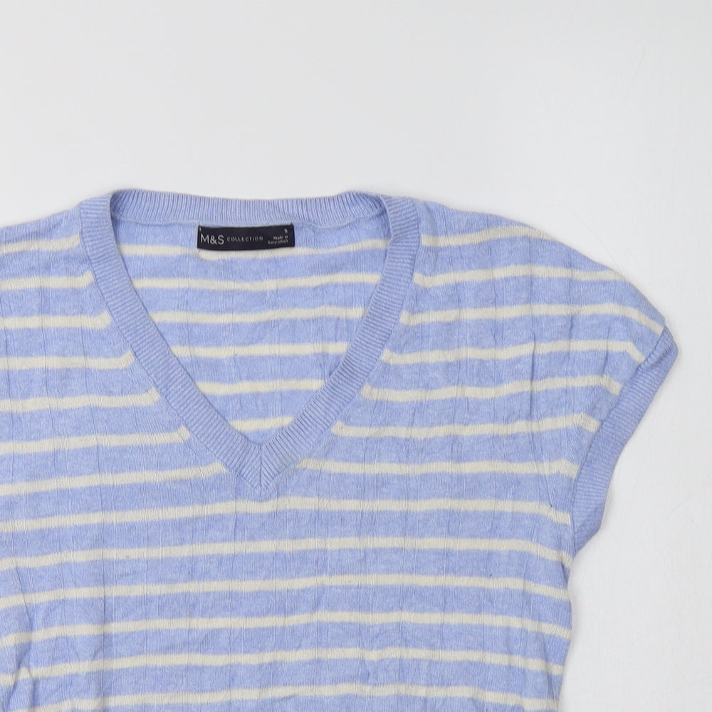M&S Womens Blue V-Neck Striped Viscose Vest Jumper Size S