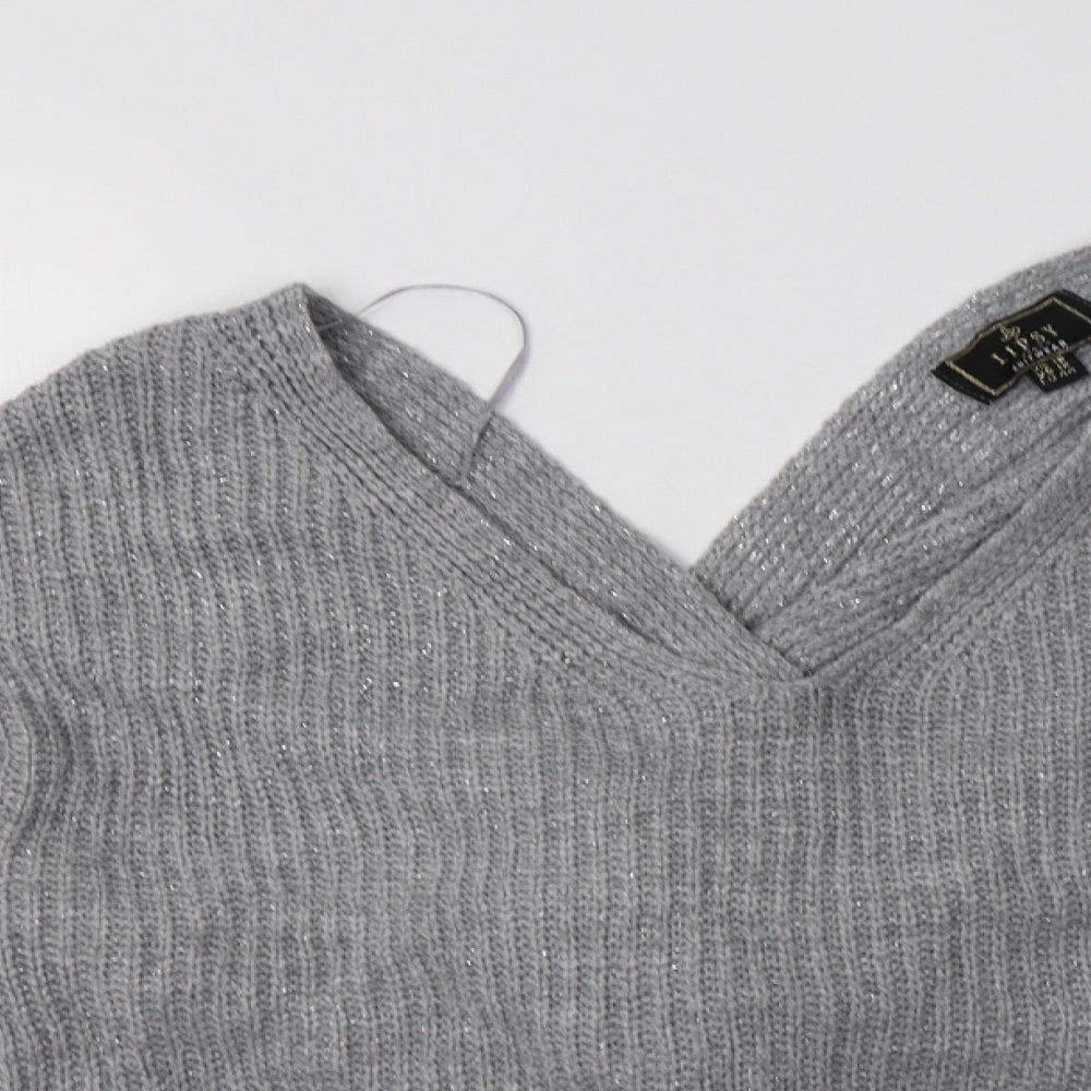 Lipsy London Womens Grey V-Neck  Acrylic Pullover Jumper Size 16