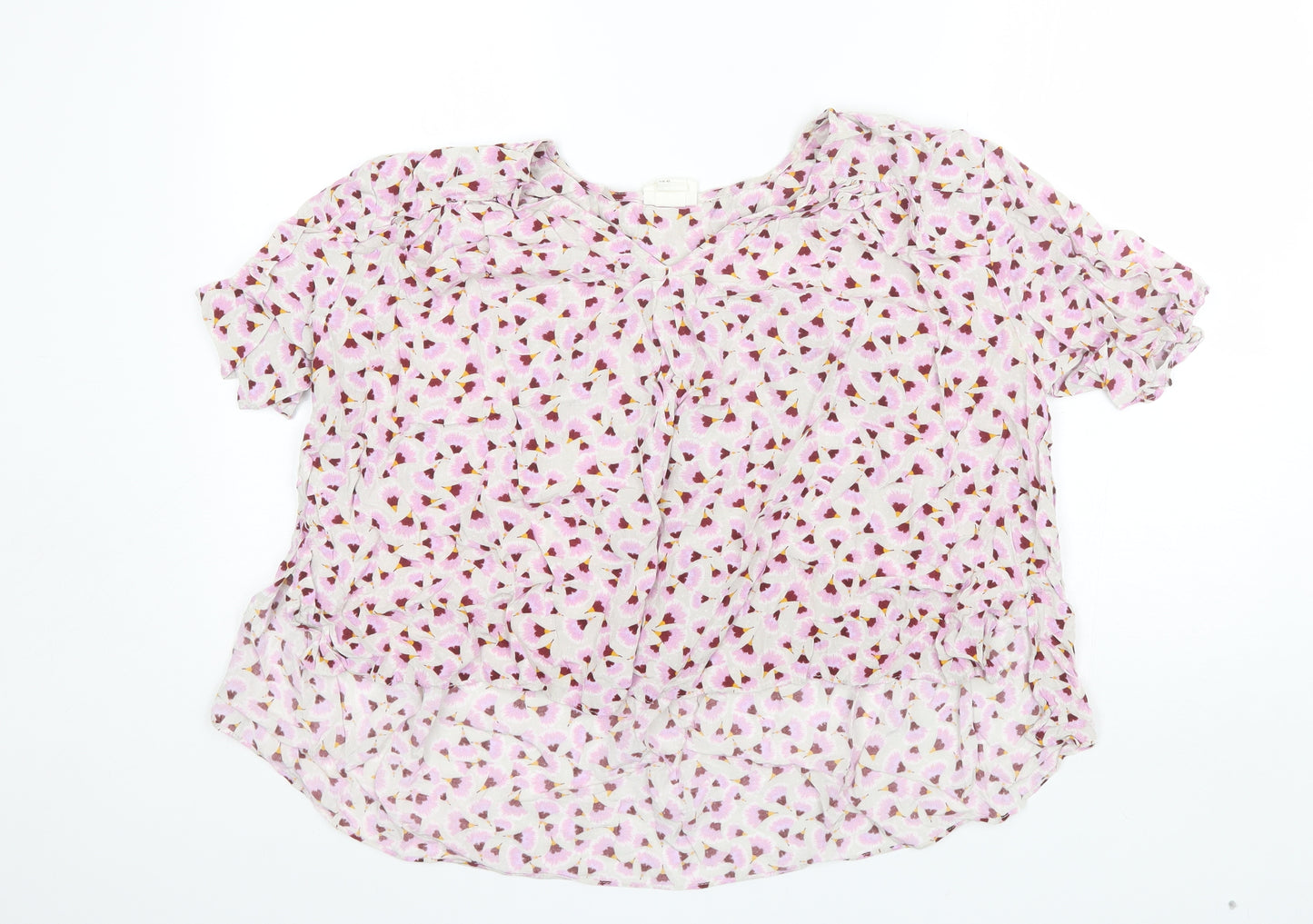 H&M Womens Pink Floral Viscose Basic Blouse Size 14 V-Neck