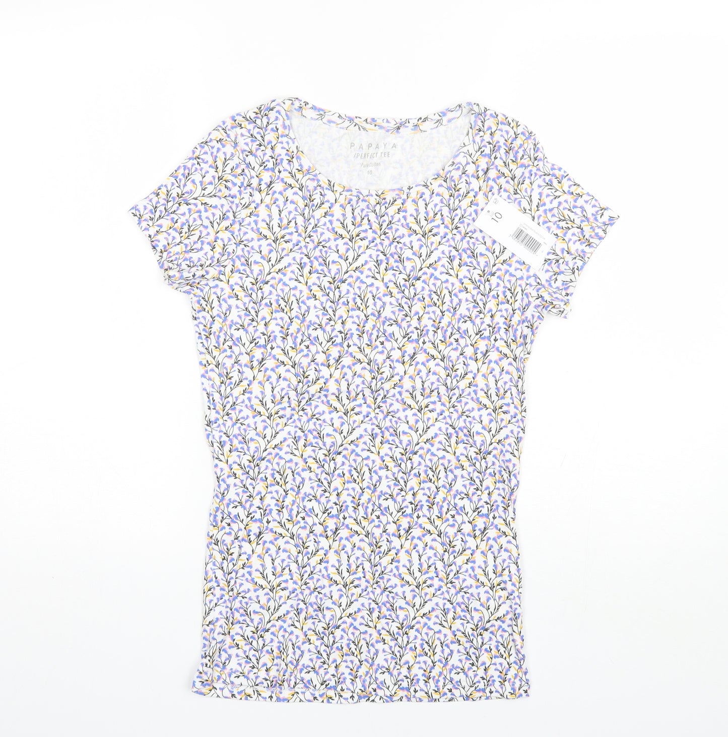 Papaya Womens Blue Floral Cotton Basic T-Shirt Size 10 Round Neck