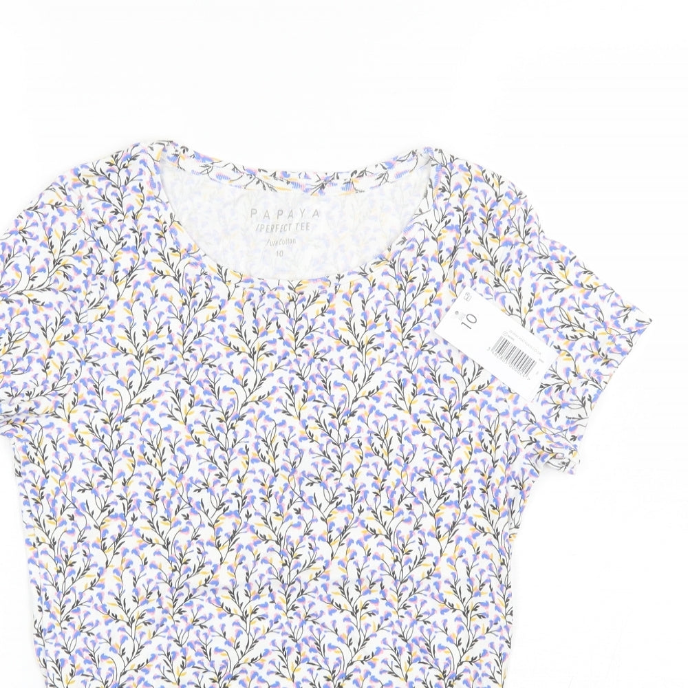 Papaya Womens Blue Floral Cotton Basic T-Shirt Size 10 Round Neck