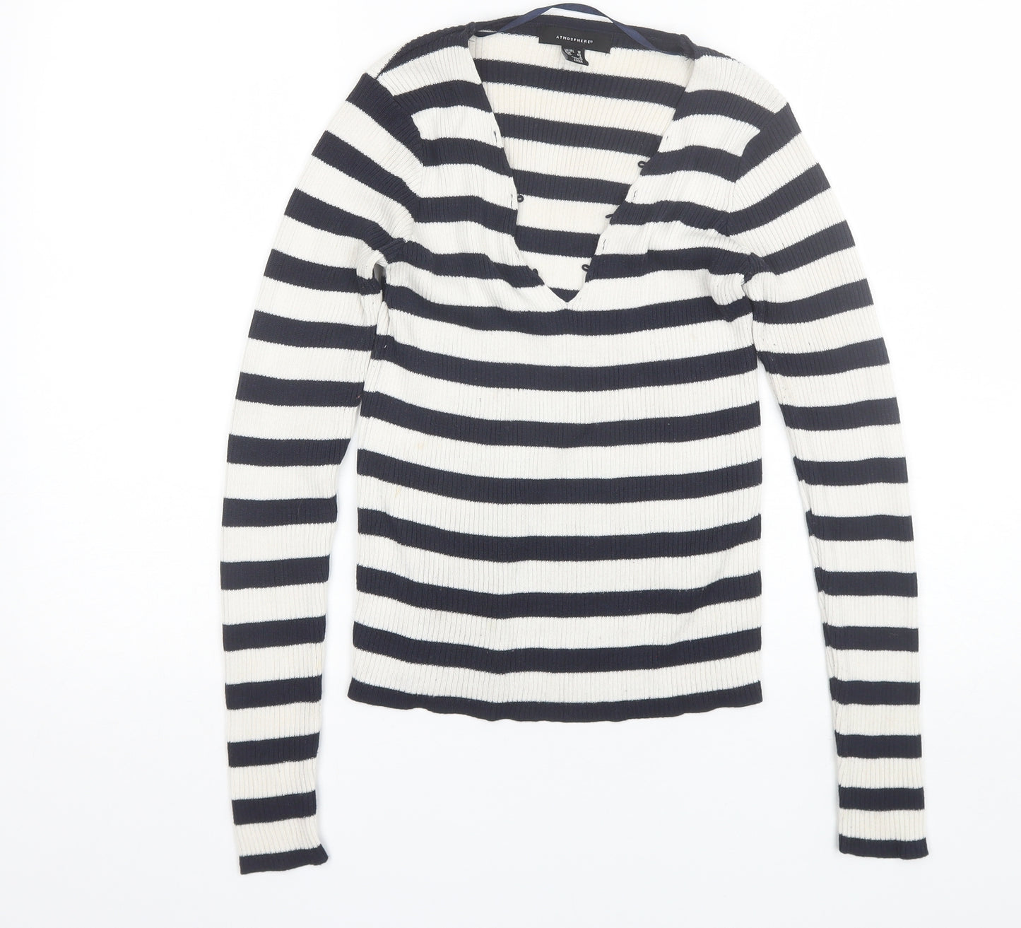 Atmosphere Womens Blue V-Neck Striped Polyester Pullover Jumper Size 12