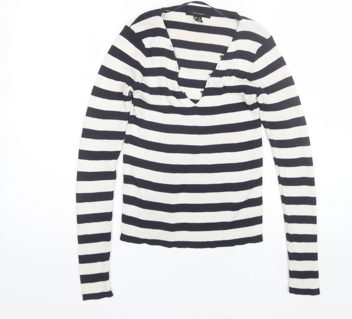 Atmosphere Womens Blue V-Neck Striped Polyester Pullover Jumper Size 12