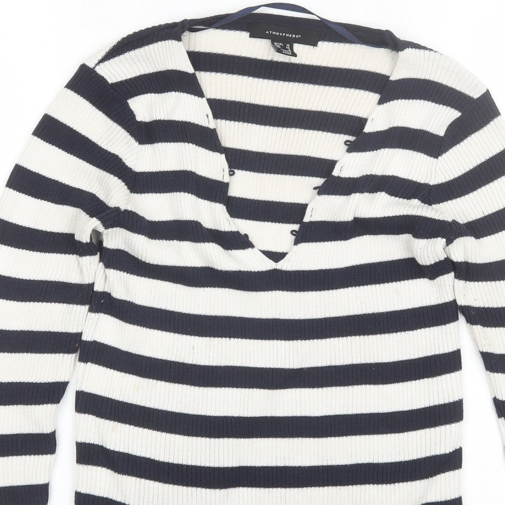 Atmosphere Womens Blue V-Neck Striped Polyester Pullover Jumper Size 12