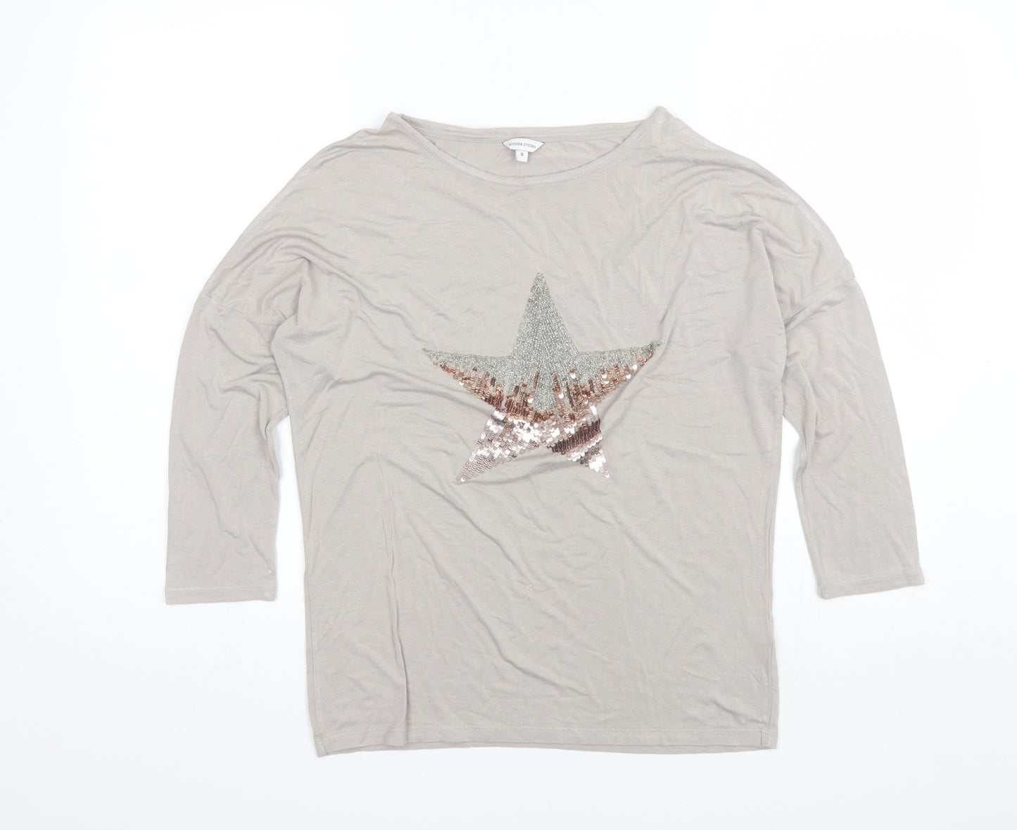 Sonder Studio Womens Beige  Viscose Basic T-Shirt Size 8 Round Neck
