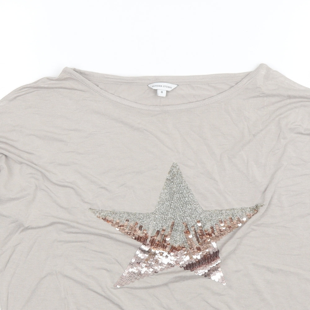Sonder Studio Womens Beige  Viscose Basic T-Shirt Size 8 Round Neck