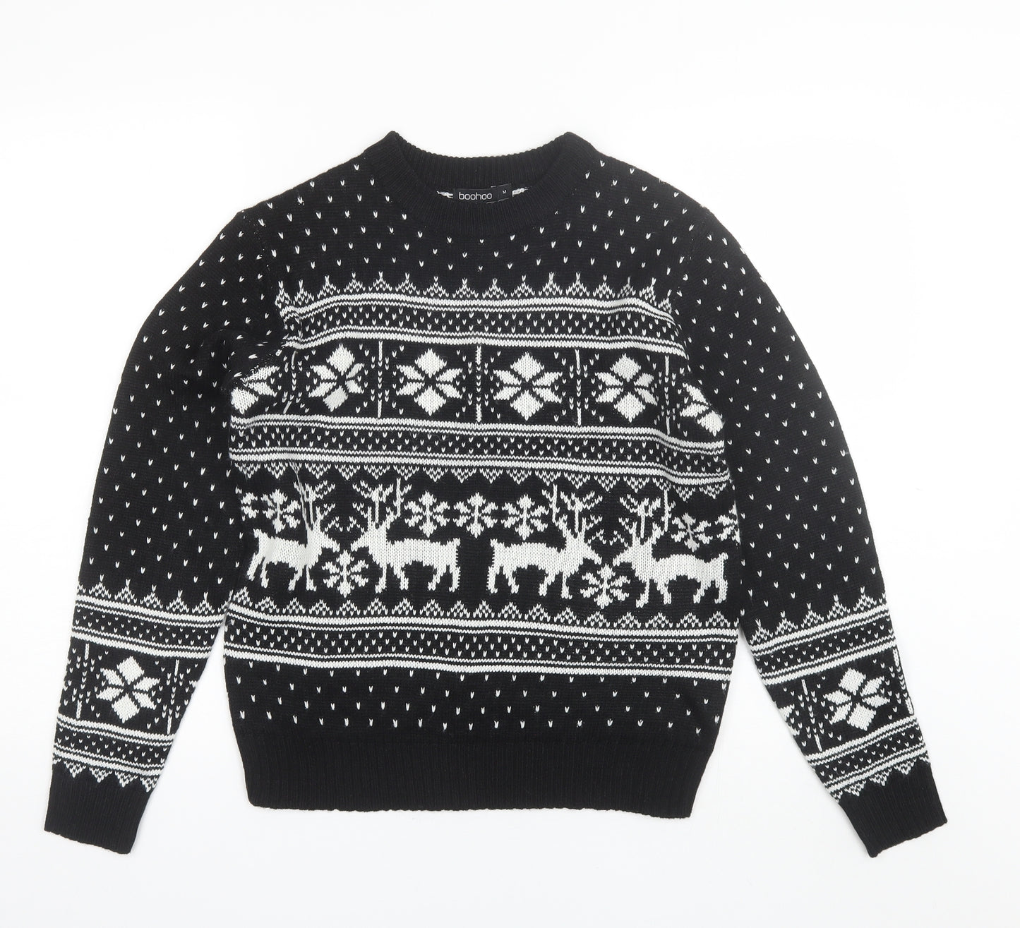 Boohoo Womens Black Round Neck Fair Isle Acrylic Pullover Jumper Size M