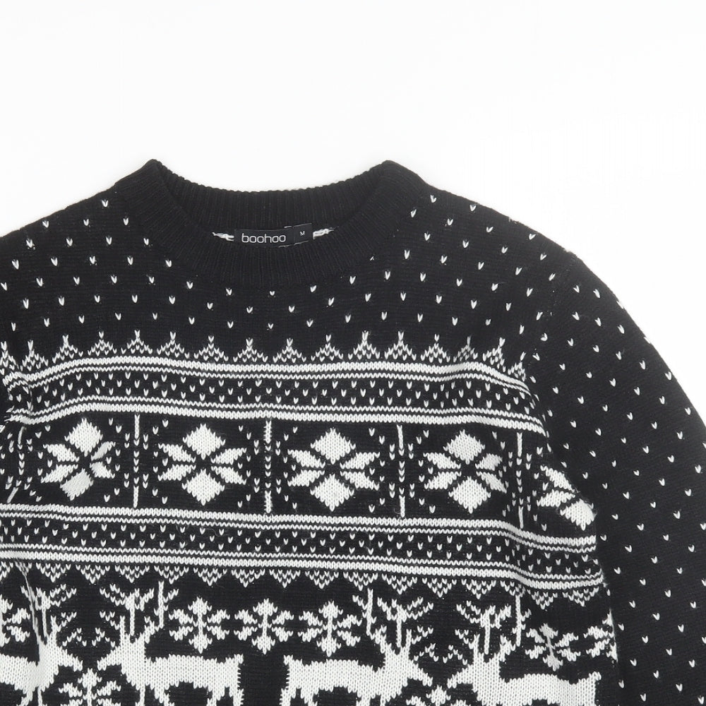 Boohoo Womens Black Round Neck Fair Isle Acrylic Pullover Jumper Size M