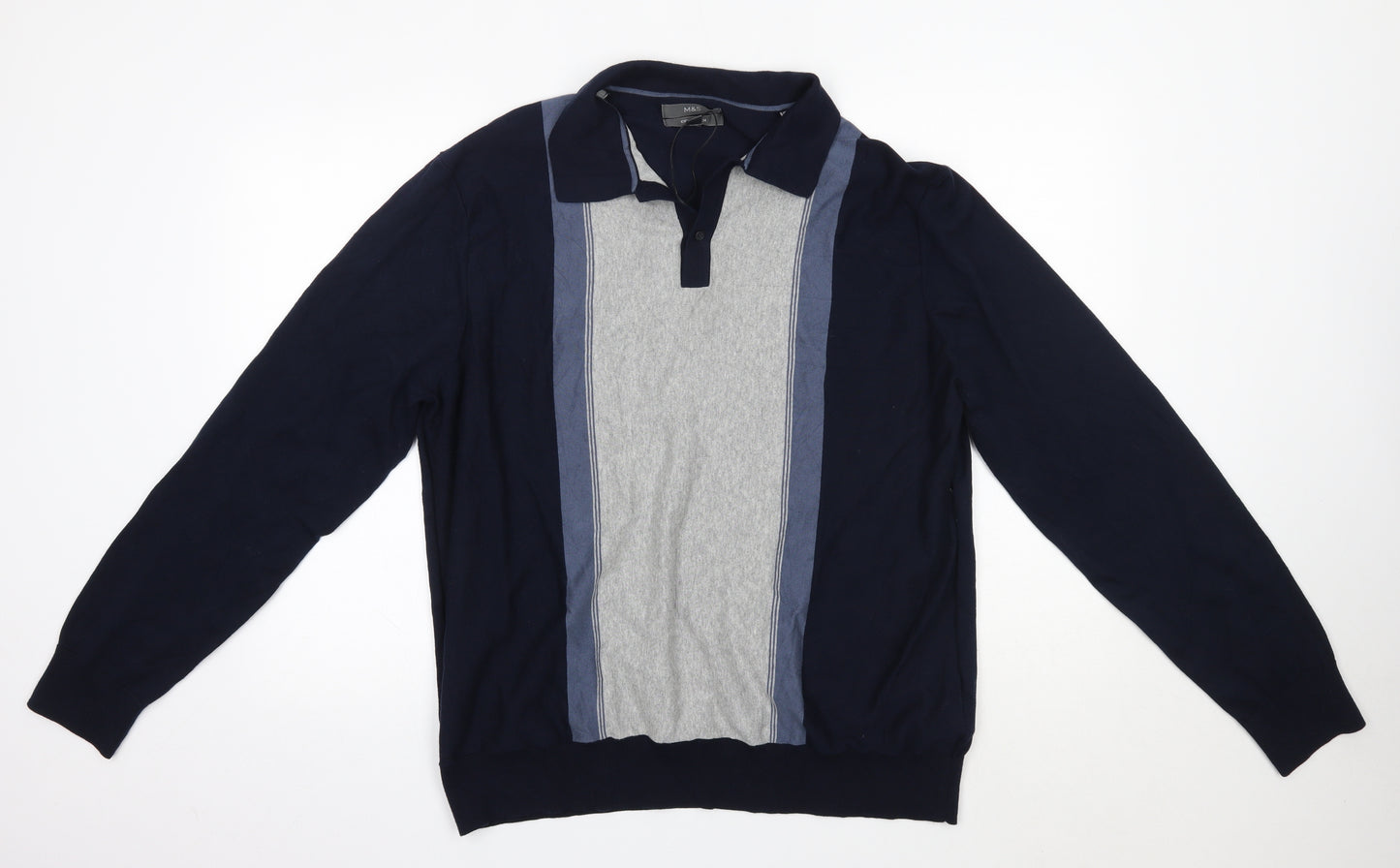 M&S Mens Blue Collared  Cotton Pullover Jumper Size XL