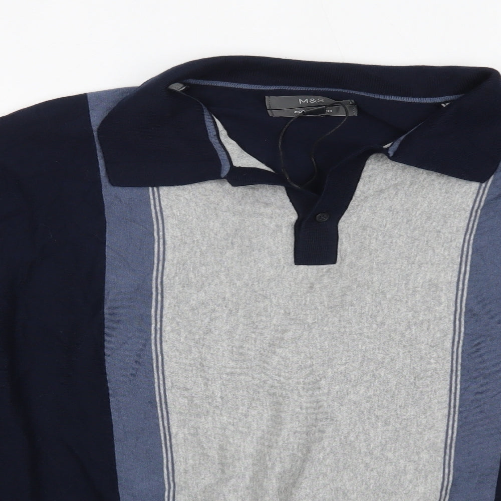 M&S Mens Blue Collared  Cotton Pullover Jumper Size XL