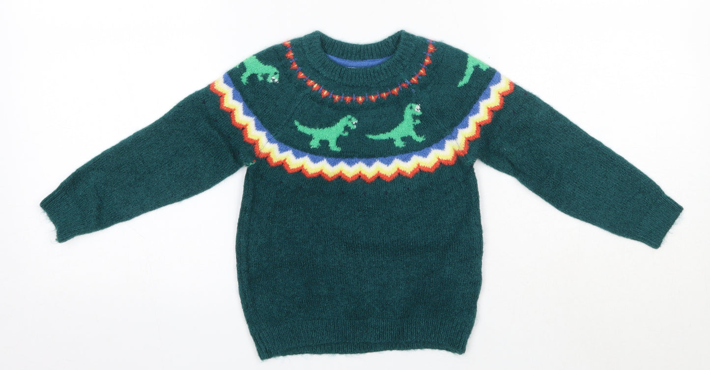 M&S Boys Green Round Neck  Acrylic Pullover Jumper Size 2-3 Years   - Dinosaurs