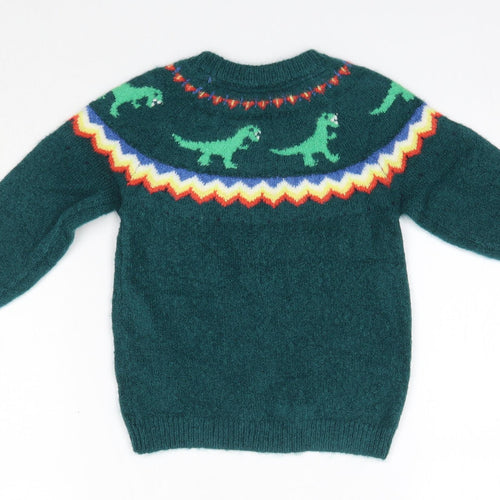 M&S Boys Green Round Neck  Acrylic Pullover Jumper Size 2-3 Years   - Dinosaurs