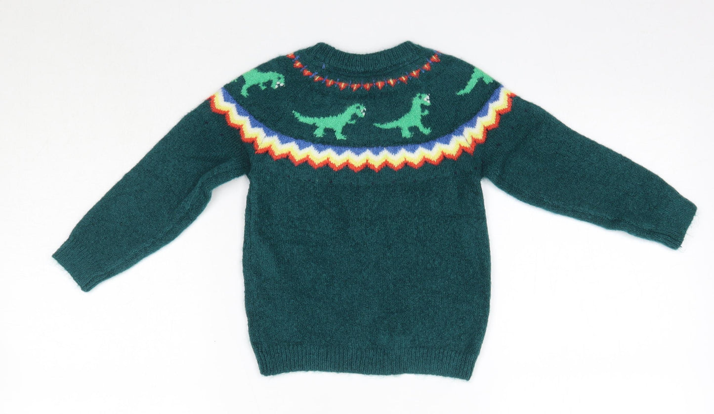 M&S Boys Green Round Neck  Acrylic Pullover Jumper Size 2-3 Years   - Dinosaurs
