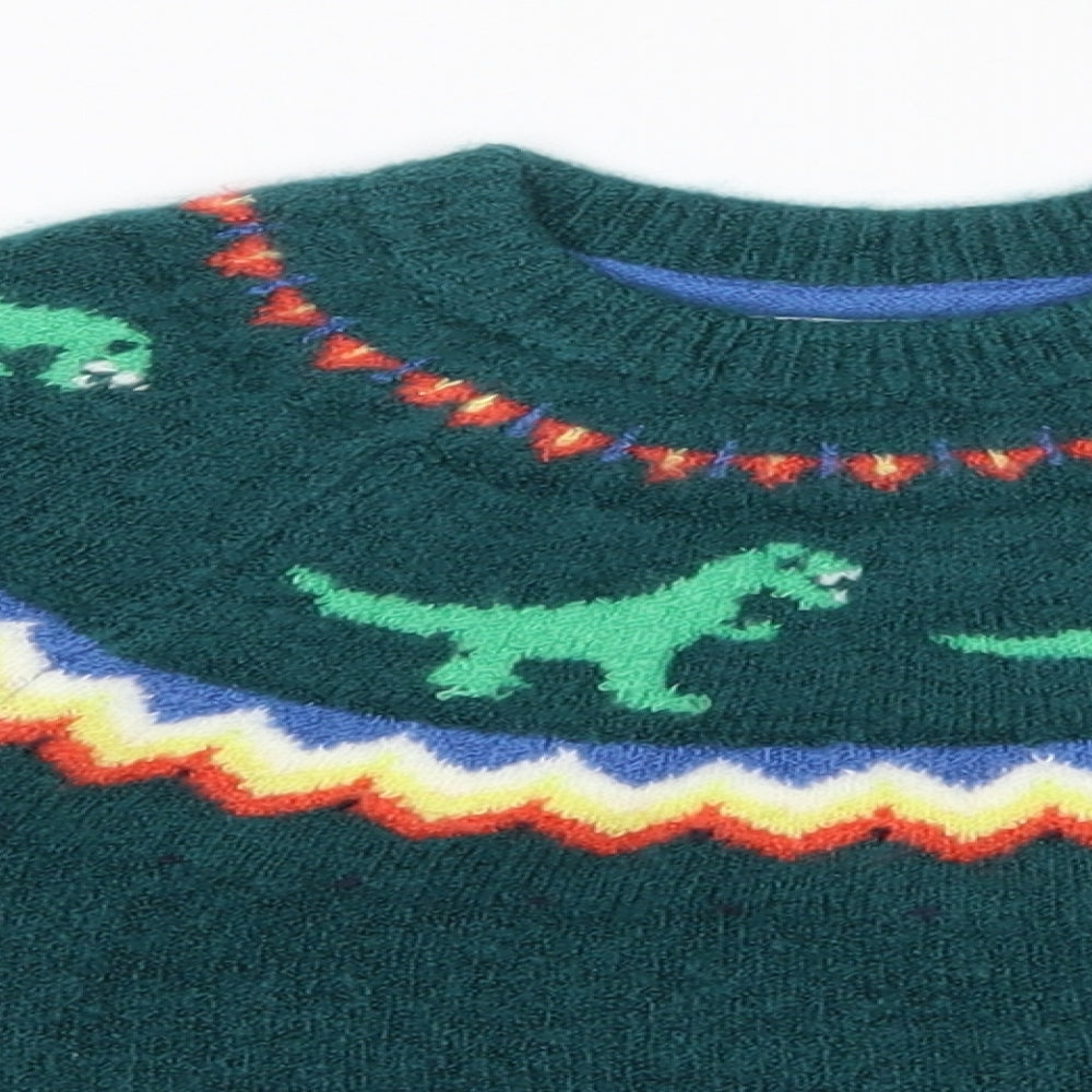 M&S Boys Green Round Neck  Acrylic Pullover Jumper Size 2-3 Years   - Dinosaurs