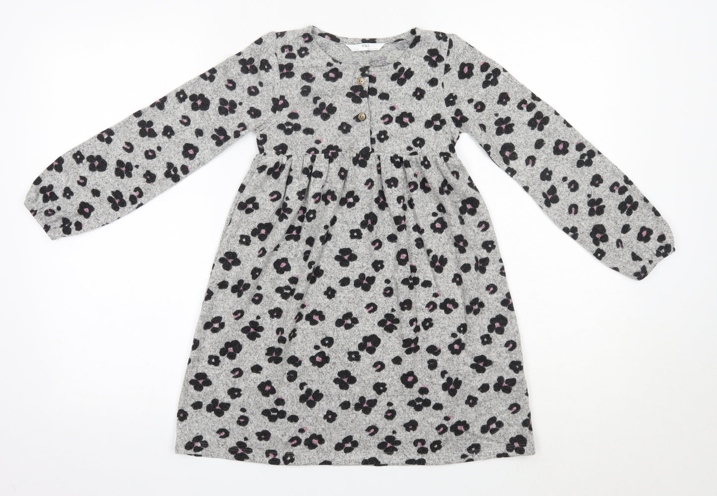 M&S Girls Grey Floral Viscose Jumper Dress  Size 6-7 Years  Round Neck