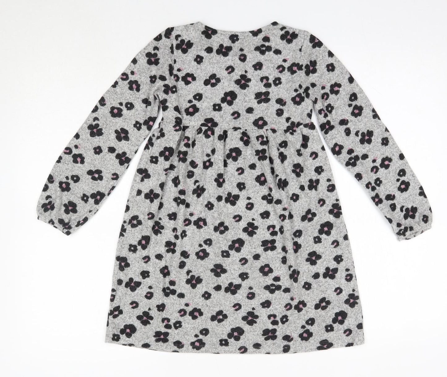 M&S Girls Grey Floral Viscose Jumper Dress  Size 6-7 Years  Round Neck
