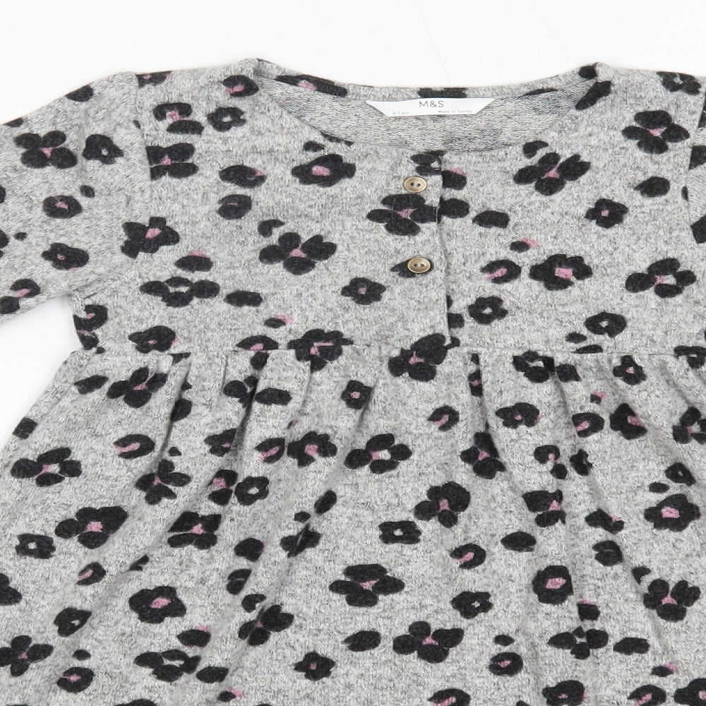 M&S Girls Grey Floral Viscose Jumper Dress  Size 6-7 Years  Round Neck