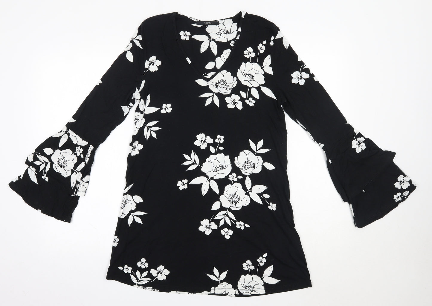 George Womens Black Floral Viscose Basic Blouse Size 10 V-Neck