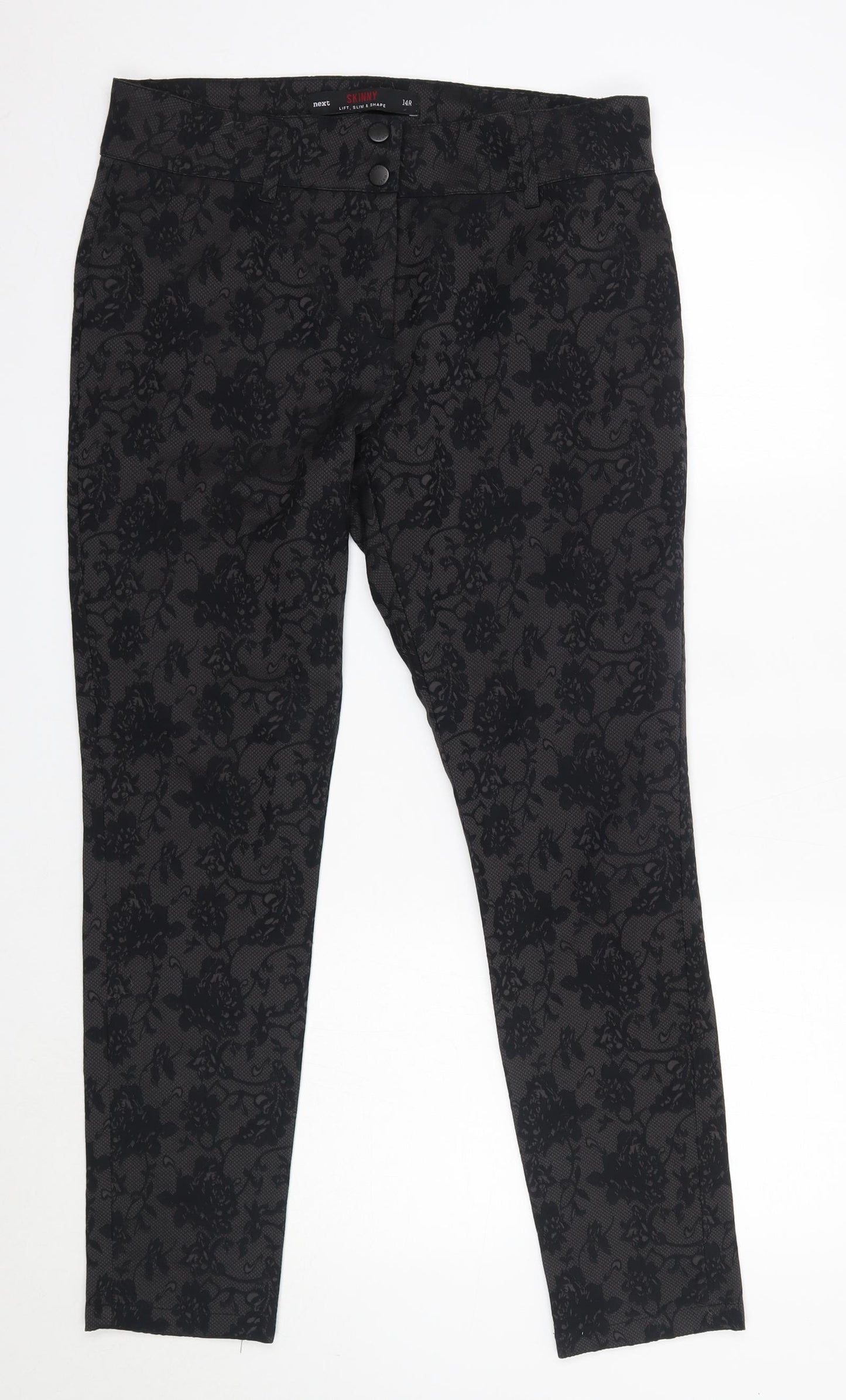 NEXT Womens Black Floral Cotton Trousers  Size 14 L29 in Regular