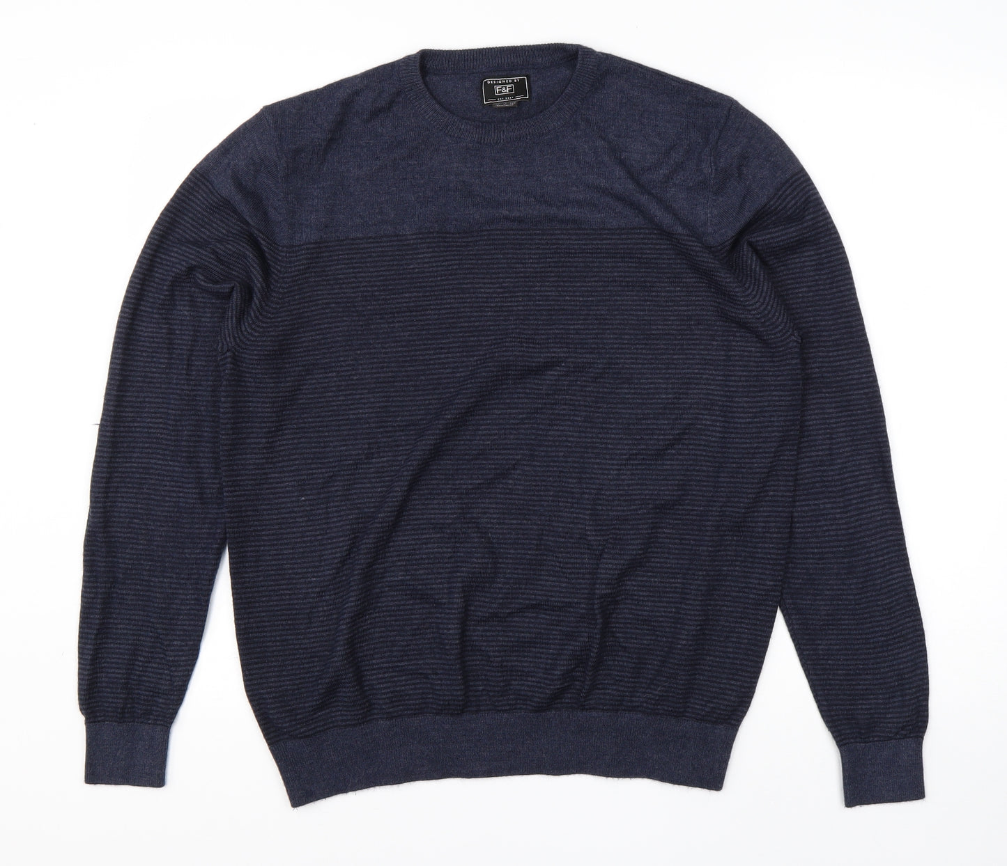 F&F Mens Blue Round Neck Striped Acrylic Pullover Jumper Size L
