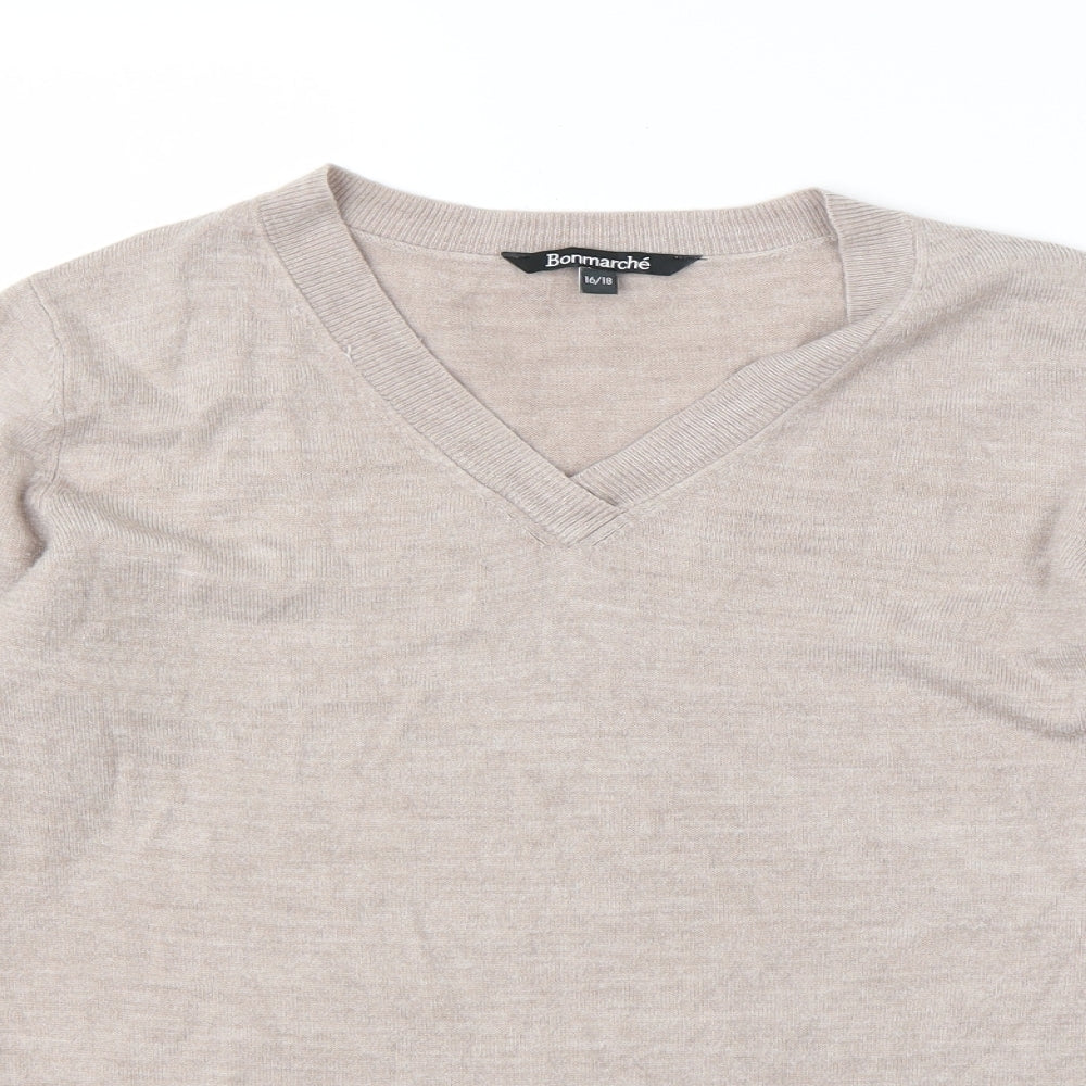 Bonmarché Womens Beige V-Neck  Acrylic Pullover Jumper Size 18