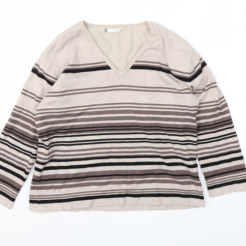 Viz-A-Viz Womens Brown V-Neck Striped Viscose Pullover Jumper Size 16