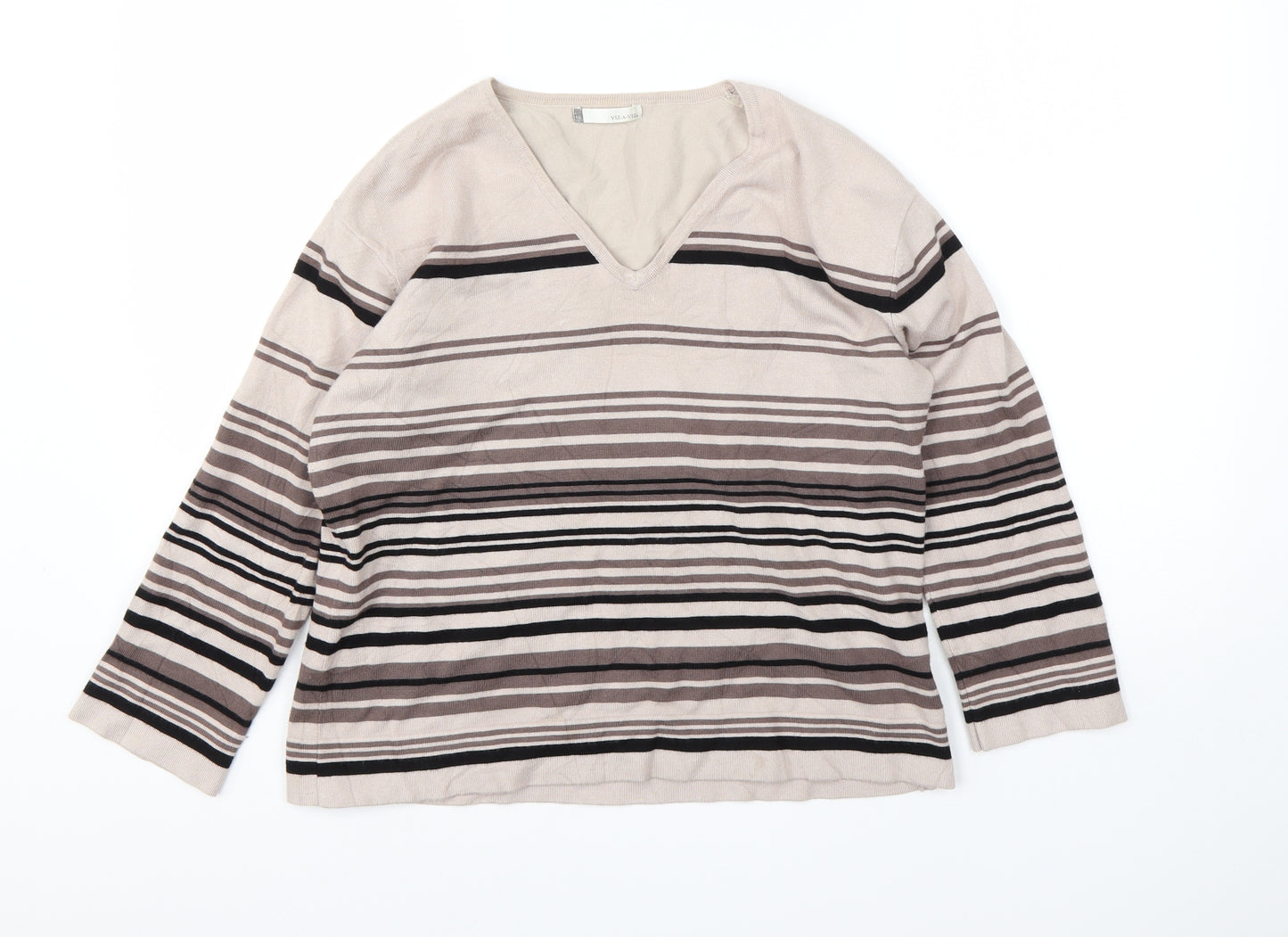 Viz-A-Viz Womens Brown V-Neck Striped Viscose Pullover Jumper Size 16