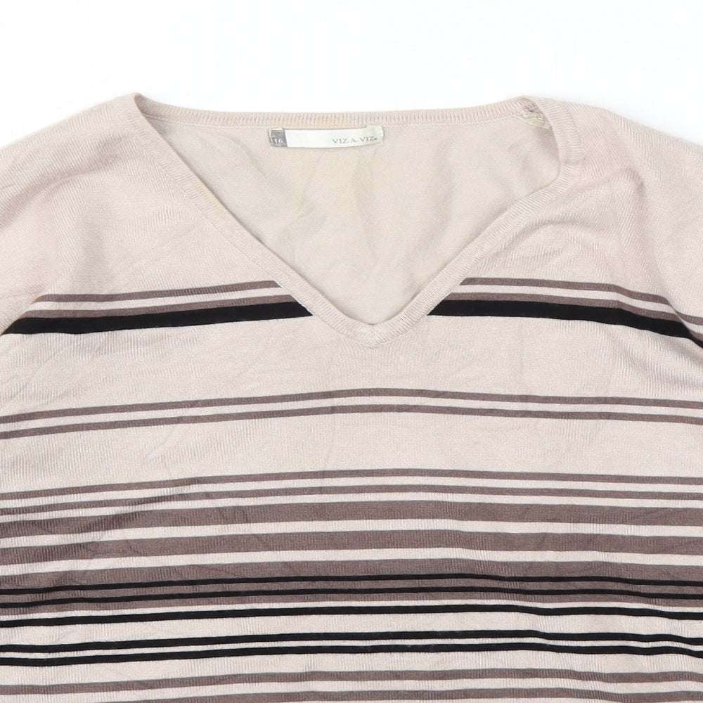 Viz-A-Viz Womens Brown V-Neck Striped Viscose Pullover Jumper Size 16