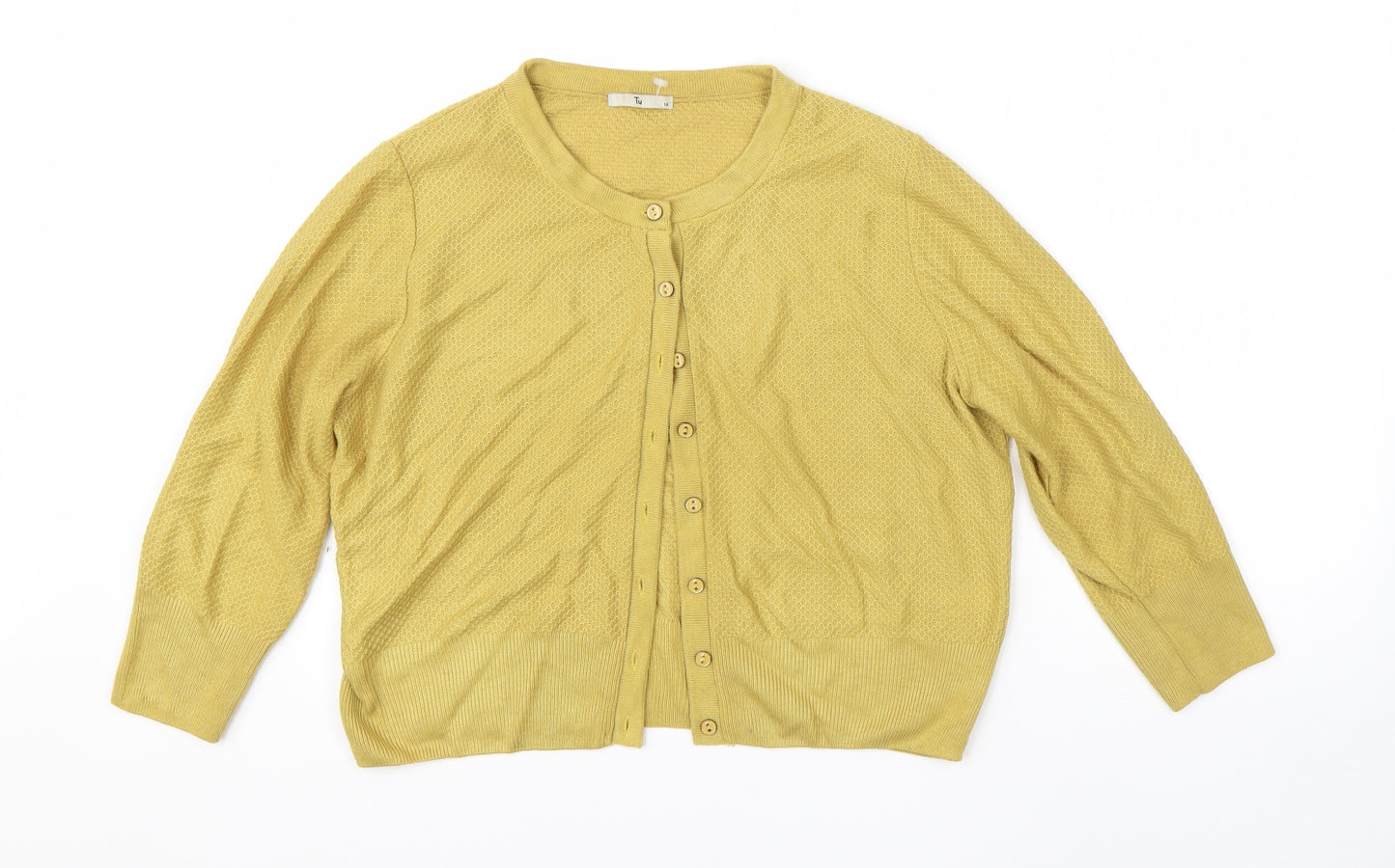 TU Womens Yellow Round Neck  Acrylic Cardigan Jumper Size 16