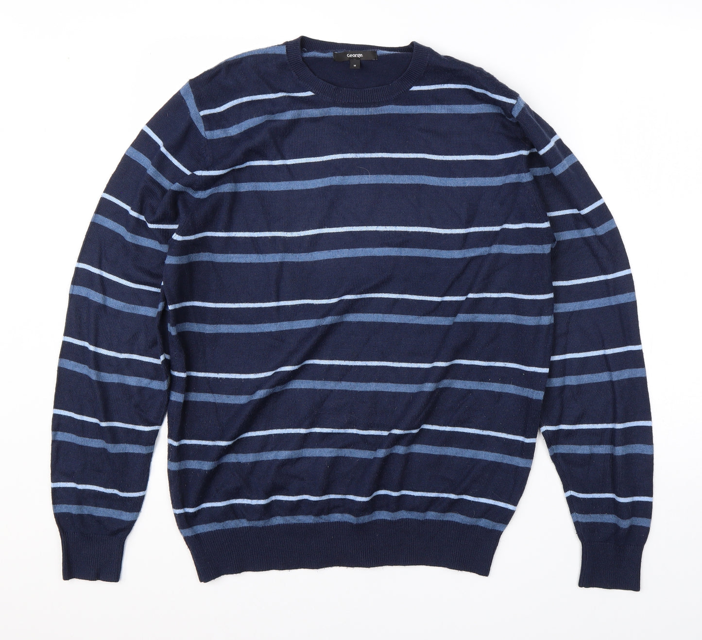 George Mens Blue Round Neck Striped Acrylic Pullover Jumper Size M
