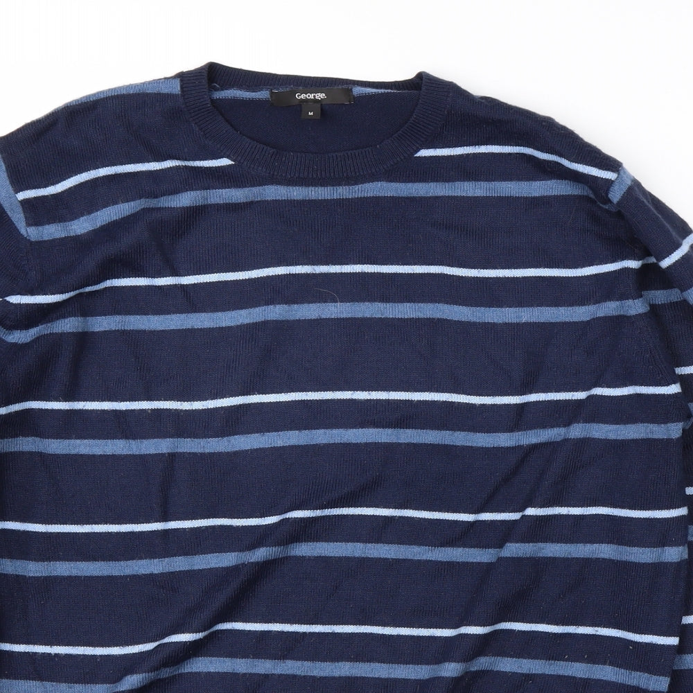 George Mens Blue Round Neck Striped Acrylic Pullover Jumper Size M