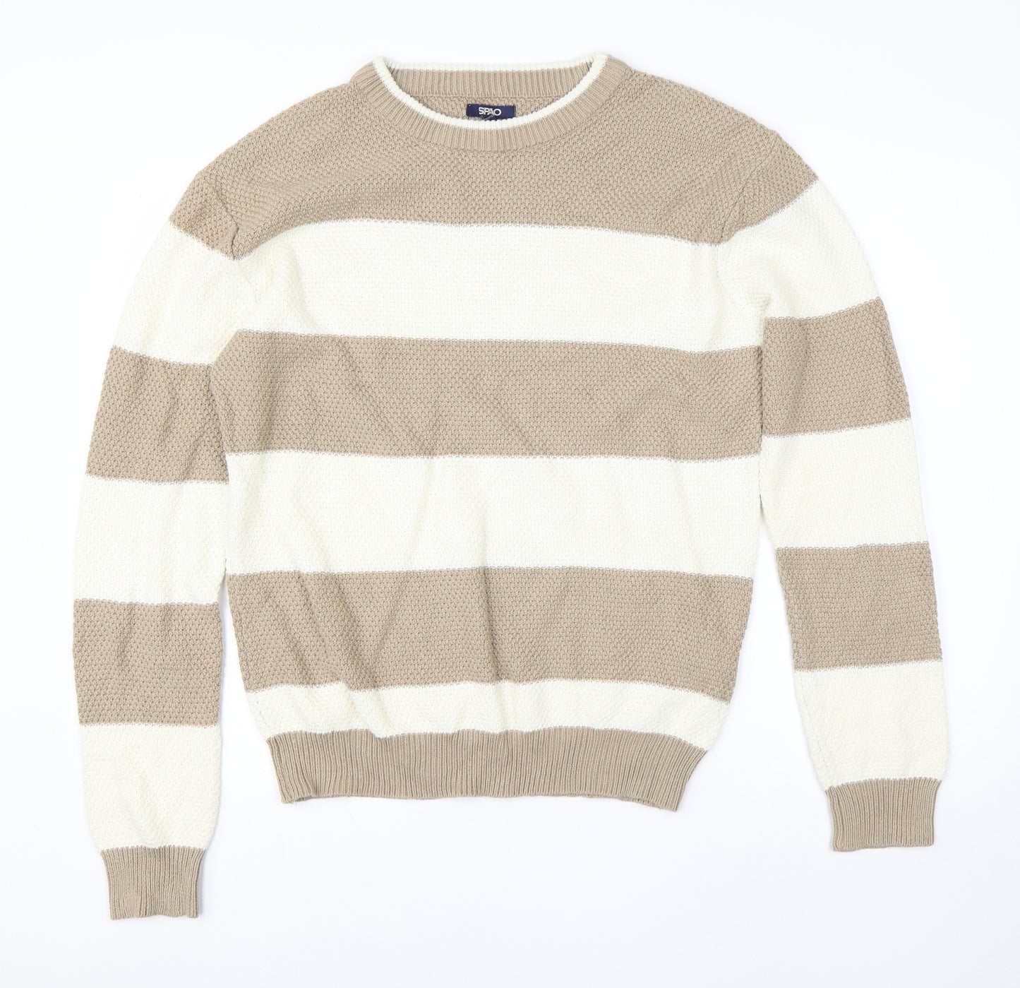 SPAO Mens Brown Round Neck Striped Acrylic Pullover Jumper Size XL