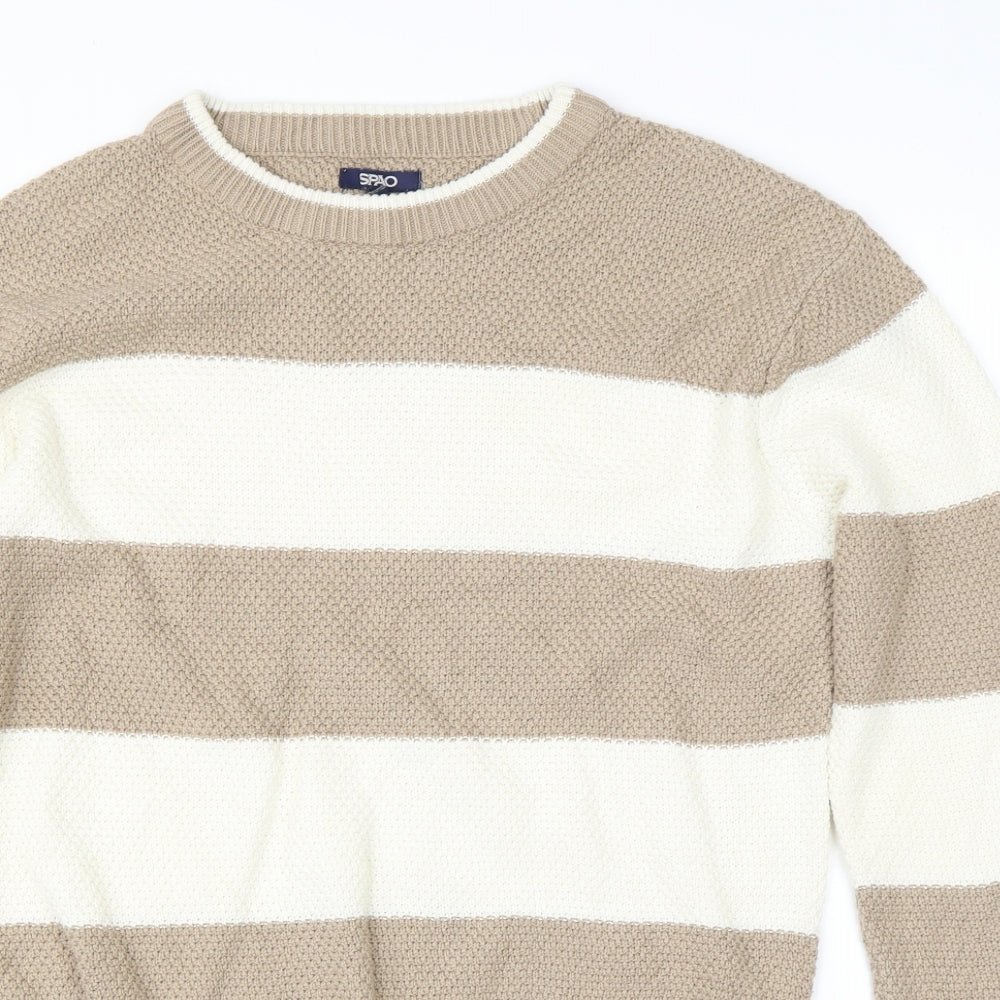 SPAO Mens Brown Round Neck Striped Acrylic Pullover Jumper Size XL