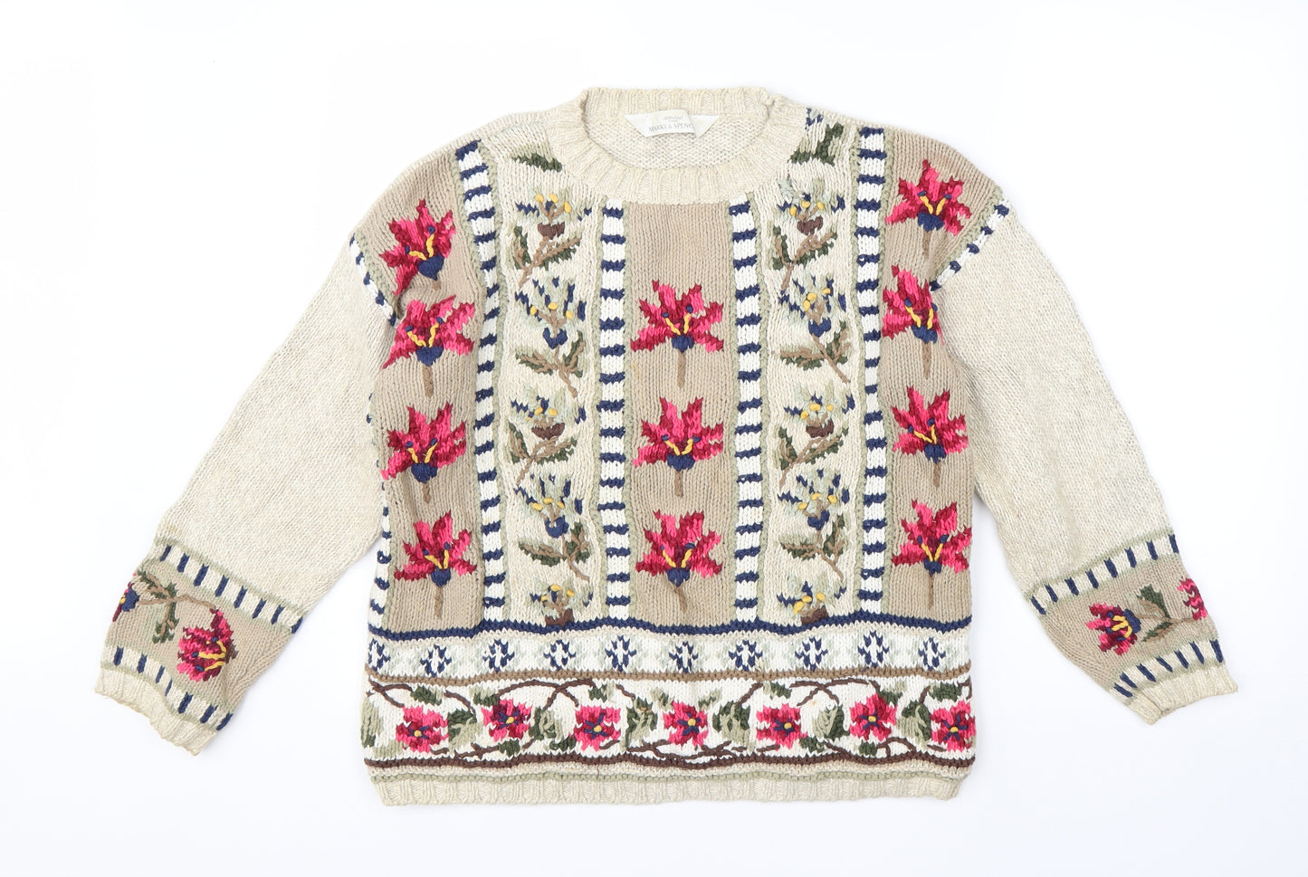 M&S Womens Beige Round Neck Floral Ramie Pullover Jumper Size 14
