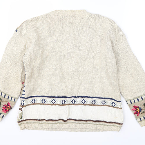 M&S Womens Beige Round Neck Floral Ramie Pullover Jumper Size 14