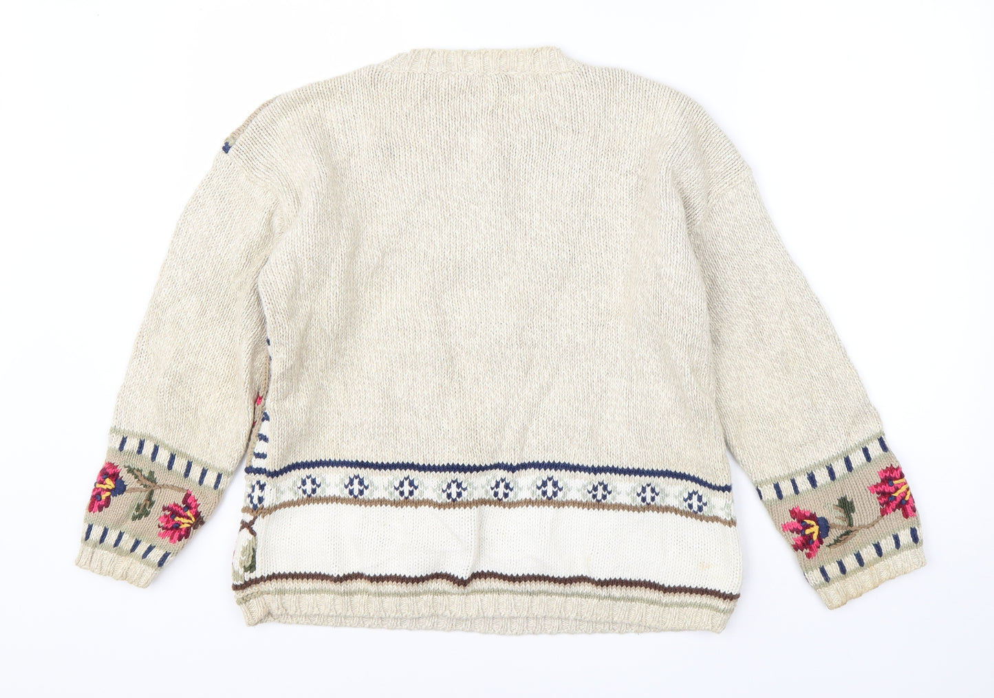 M&S Womens Beige Round Neck Floral Ramie Pullover Jumper Size 14