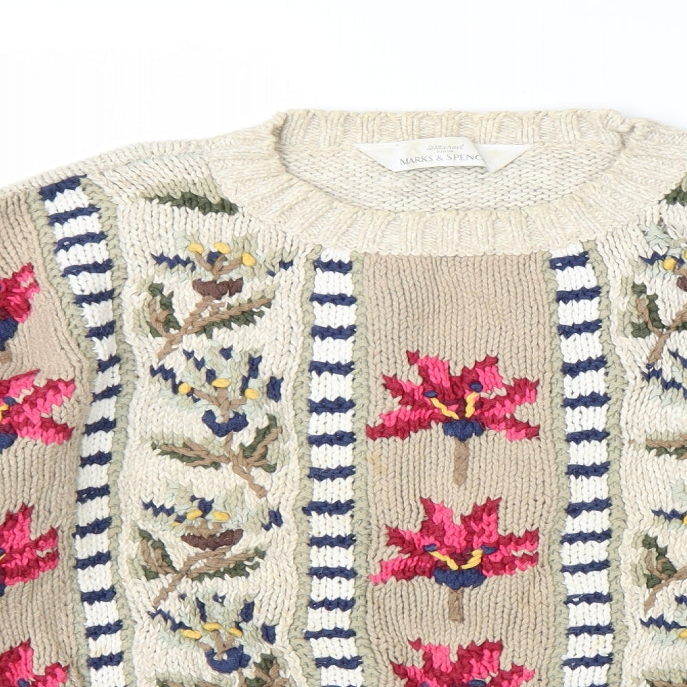 M&S Womens Beige Round Neck Floral Ramie Pullover Jumper Size 14