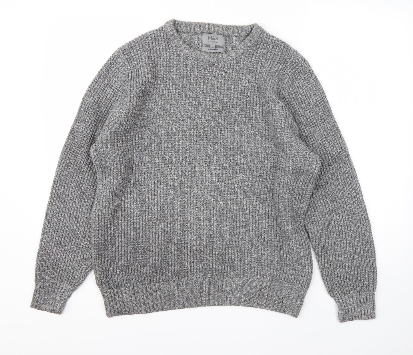 M&S Mens Grey Round Neck  Cotton Pullover Jumper Size M