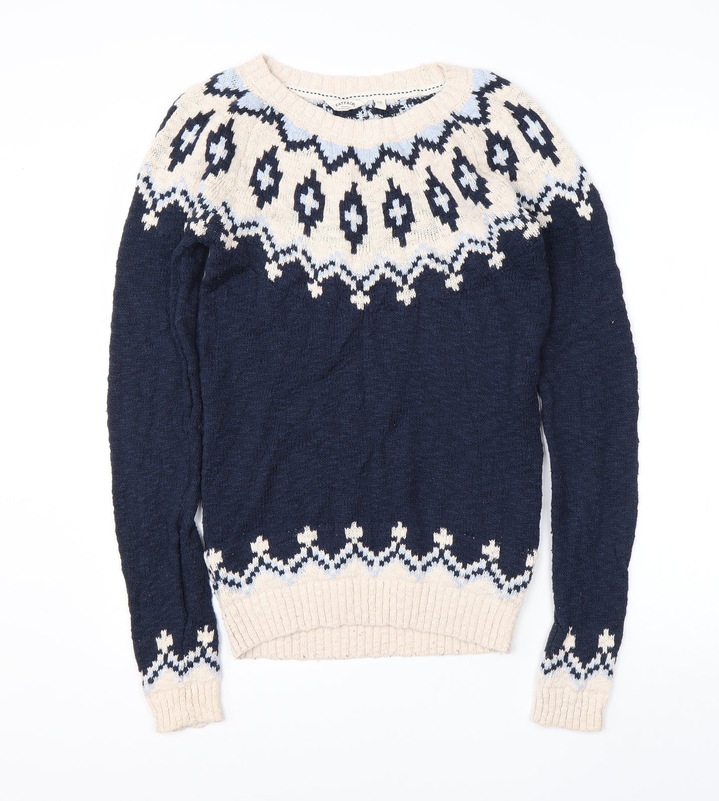 Fat Face Womens Blue Round Neck Fair Isle Cotton Pullover Jumper Size 10