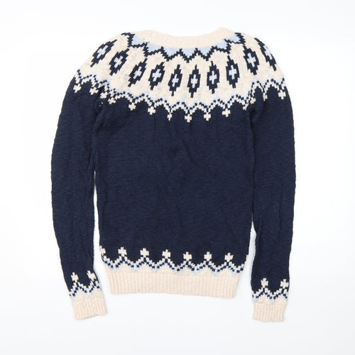 Fat Face Womens Blue Round Neck Fair Isle Cotton Pullover Jumper Size 10