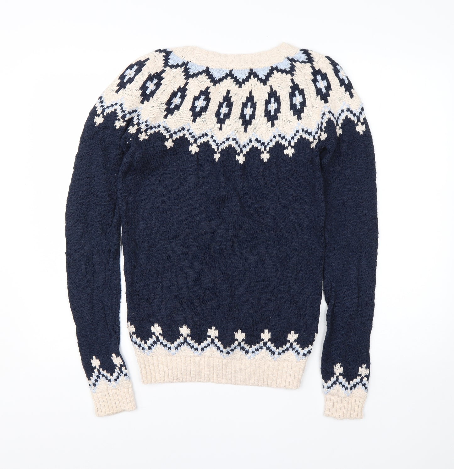 Fat Face Womens Blue Round Neck Fair Isle Cotton Pullover Jumper Size 10