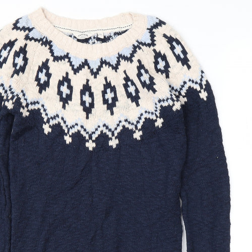 Fat Face Womens Blue Round Neck Fair Isle Cotton Pullover Jumper Size 10