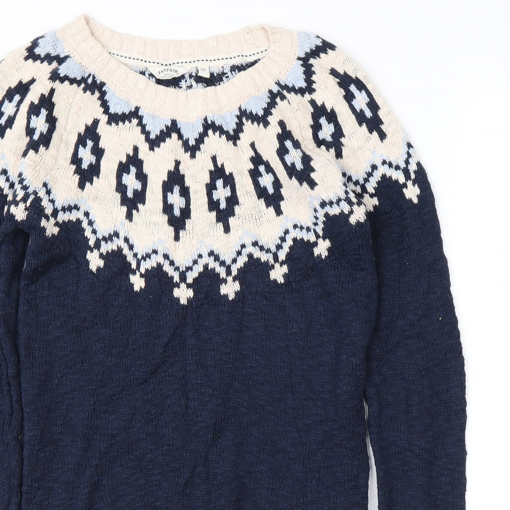 Fat Face Womens Blue Round Neck Fair Isle Cotton Pullover Jumper Size 10