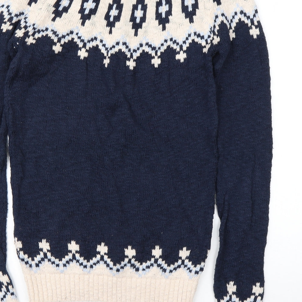Fat Face Womens Blue Round Neck Fair Isle Cotton Pullover Jumper Size 10