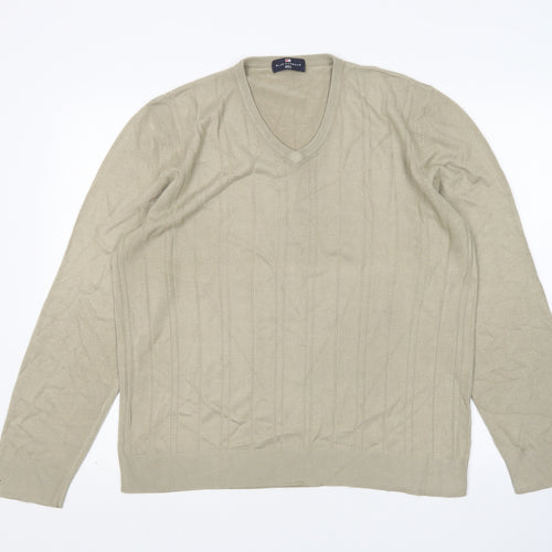 M&S Mens Beige V-Neck  Acrylic Pullover Jumper Size L