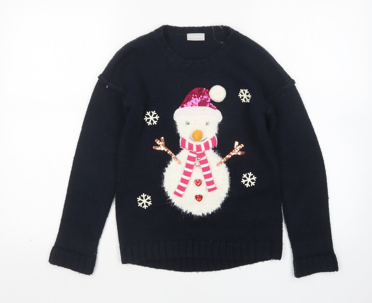 Matalan Girls Blue Round Neck  Acrylic Pullover Jumper Size 9 Years   - Christmas