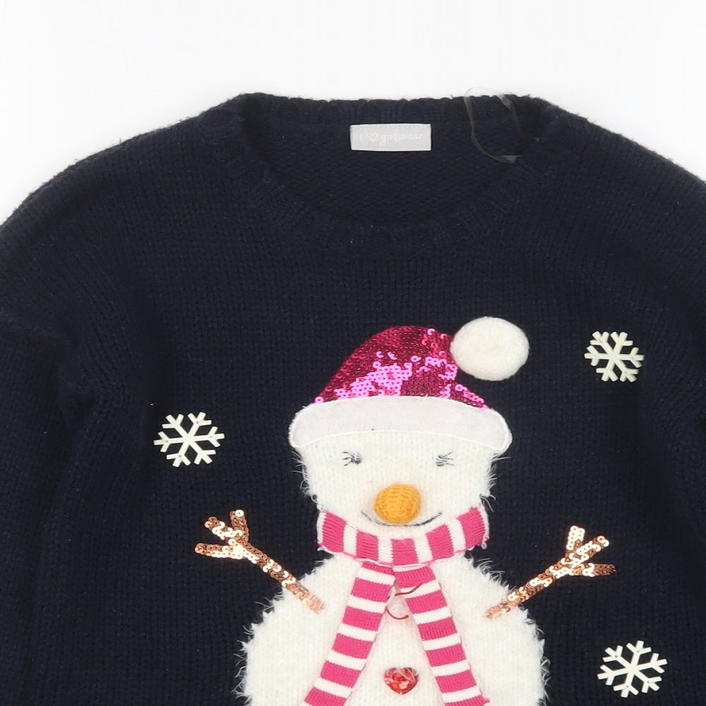 Matalan Girls Blue Round Neck  Acrylic Pullover Jumper Size 9 Years   - Christmas