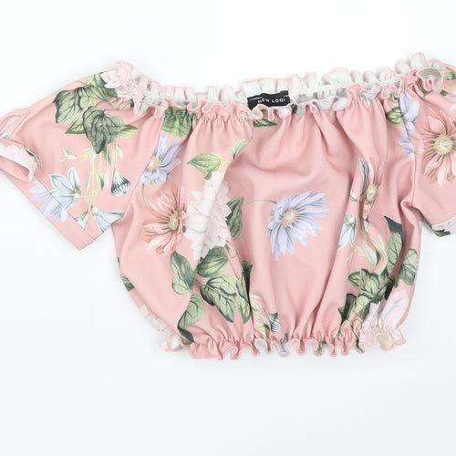 New Look Womens Pink Floral Polyester Basic T-Shirt Size 10 Off the Shoulder