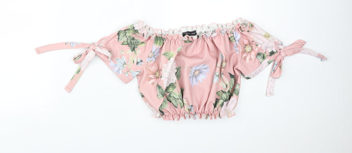 New Look Womens Pink Floral Polyester Basic T-Shirt Size 10 Off the Shoulder