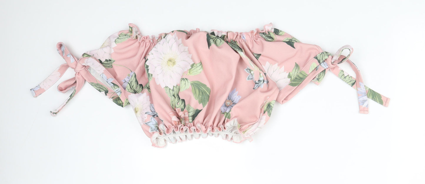 New Look Womens Pink Floral Polyester Basic T-Shirt Size 10 Off the Shoulder